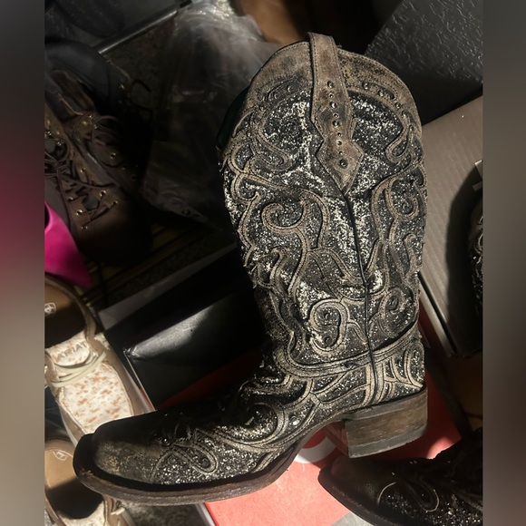 Women’s CORRAL grey sequin glitter inlay square toe cowgirl boots size 9 1/2 - Picture 13 of 15